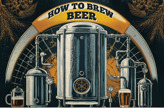 How to brew beer – illustrated brewing equipment with vintage industrial style, including fermenters, kettles, and a glass of beer.