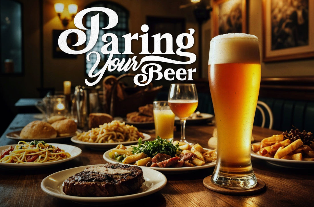 A tall glass of beer with various dishes like steak, pasta, and fries on a wooden table, with the text "Pairing Your Beer" in the background.