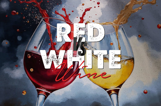 Comparison of red and white wine with splashing glasses, illustrating the visual and stylistic differences between the two wine types.